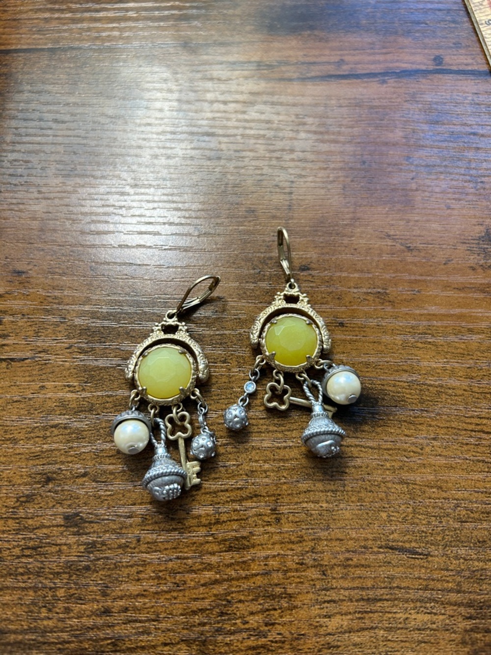Cabi Gold-Tone Yellow Stone Drop Earrings with Pearl and Charm Accents